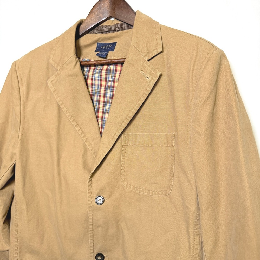 IZOD Mens Tan Khaki Cotton Canvas Blazer Chore Jacket Plaid Lined Large 4553042